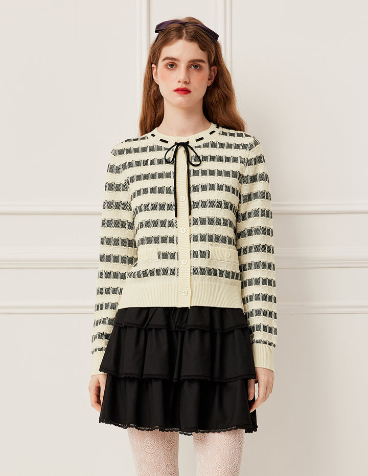 BORA AKSU Round Neck Tie Black & White Check Jacquard Full Wool Cardigan