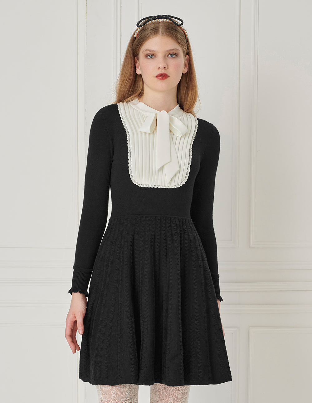 BORA AKSU Butterfly Knot Collar Black Long-Sleeve Knitted Dress