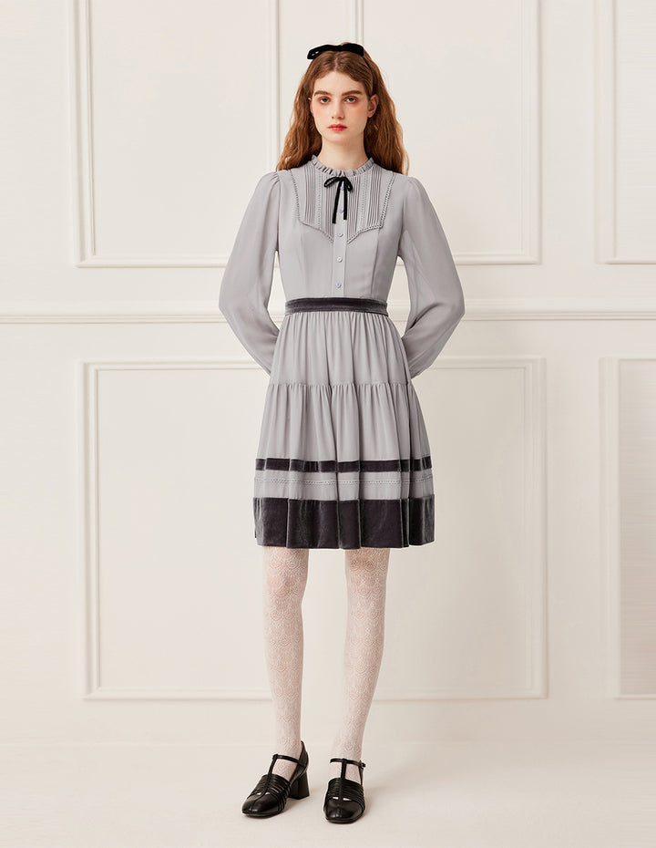 BORA AKSU Ruffled Round Neck Long Sleeve Pin-Tuck Velvet Trimmed Midi Dress