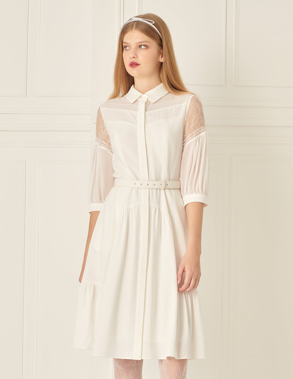 BORA AKSU Puff Sleeve Lace Patchwork Pleated Dress