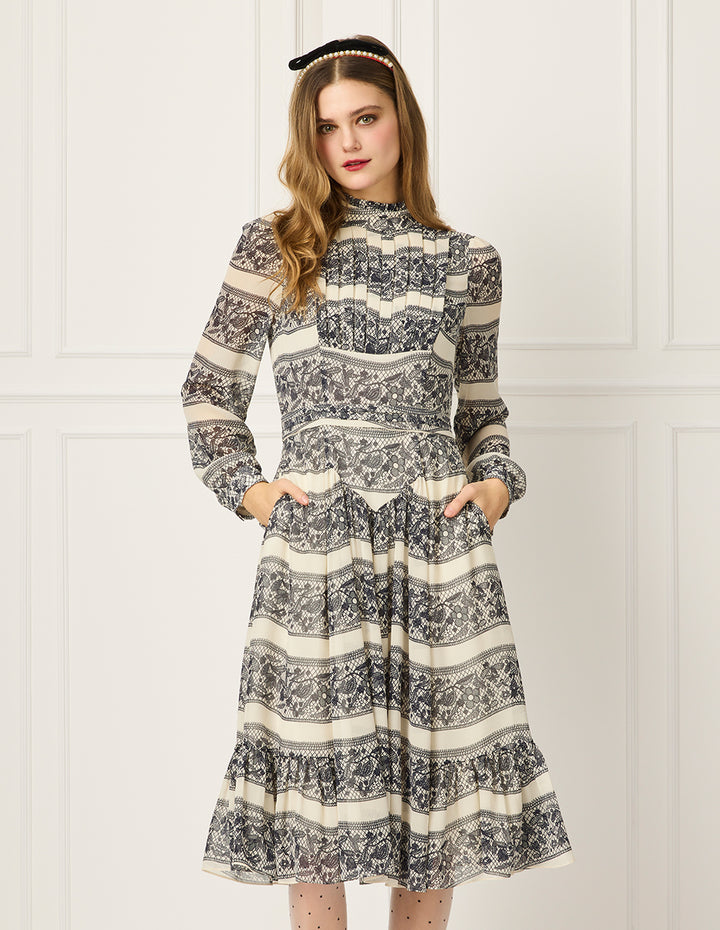 BORA AKSU Ruffle Stand Collar Pin-Tuck Lace-Floral Embroidery Print Puff Long-Sleeve Empire-Waist Pleated Midi Dress