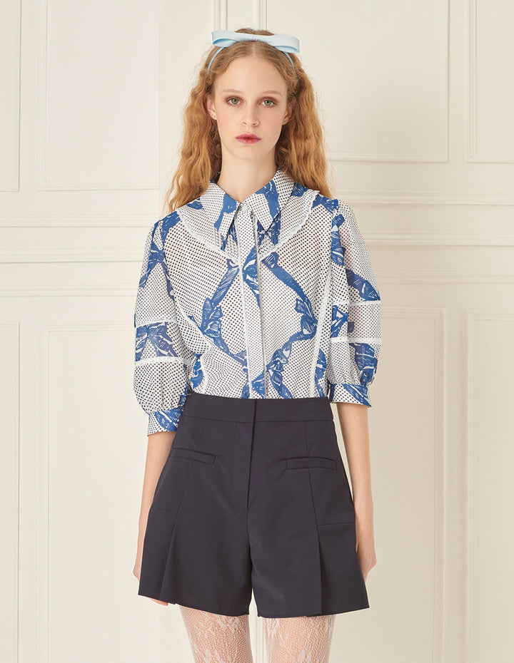 BORA AKSU French Puff-Sleeve Lace-Embellished Bow-Print 3/4 Blouse
