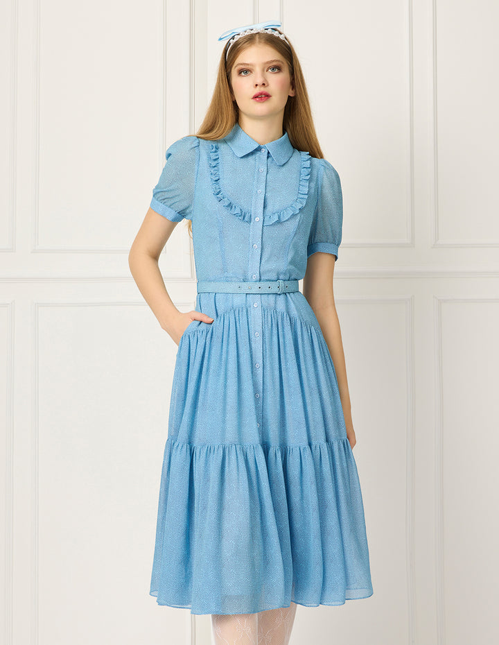 BORA AKSU Peter Pan Collar Ruffle Trim Puff Short Sleeve Waist-Tie Pleated Midi Dress