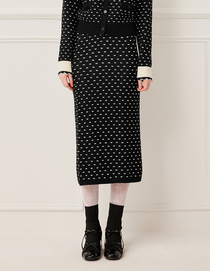 BORA AKSU High-Waist Straight-Cut White Polka Dot Wool Knit Skirt