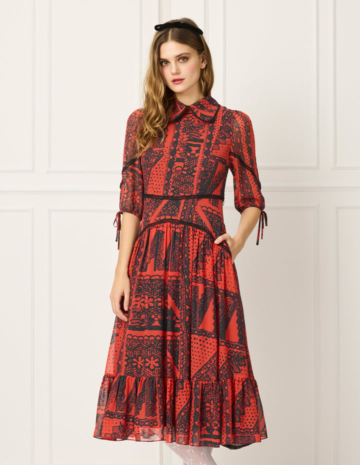 BORA AKSU Peter Pan Collar Bubble 1/2 Sleeve Print Pleated Midi Dress