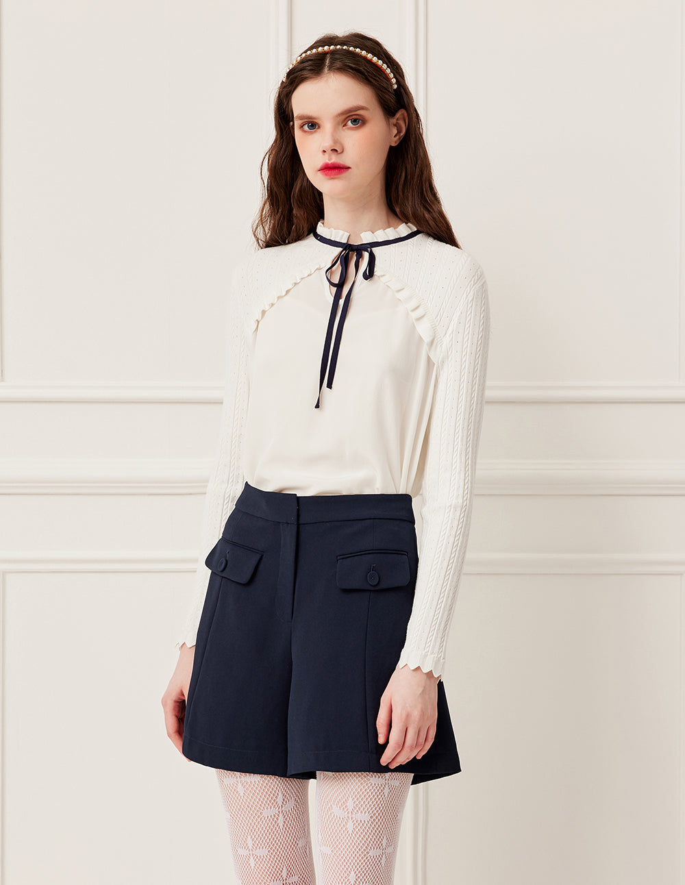 BORA AKSU Knitted Ruffled Round Neck Long Sleeve Patchwork Silk Blouse