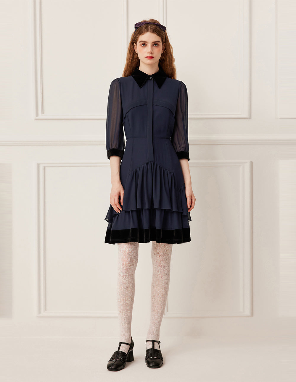 BORA AKSU Luxurious Velvet Collar Sheer Long Sleeve Multi-Layer Ruffle Midi Dress