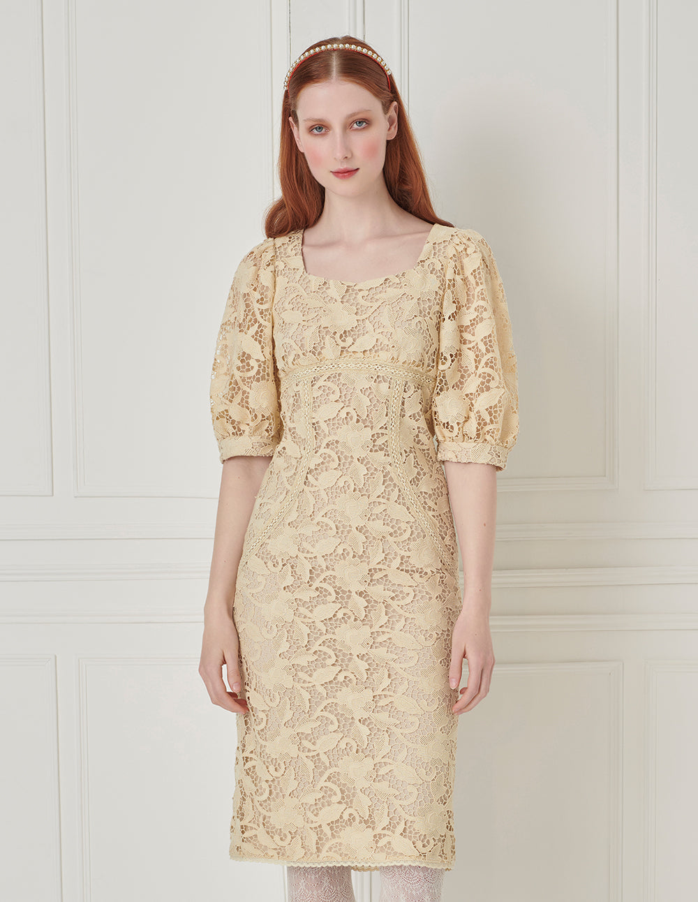 BORA AKSU Beige Fitted Lace Dress With Diamond Square Neck Puff Sleeves
