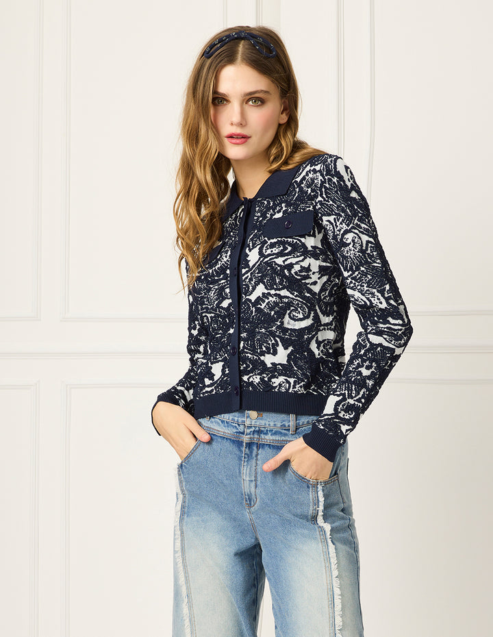 BORA AKSU Laple Embossed Jacquard Fitted Cardigan