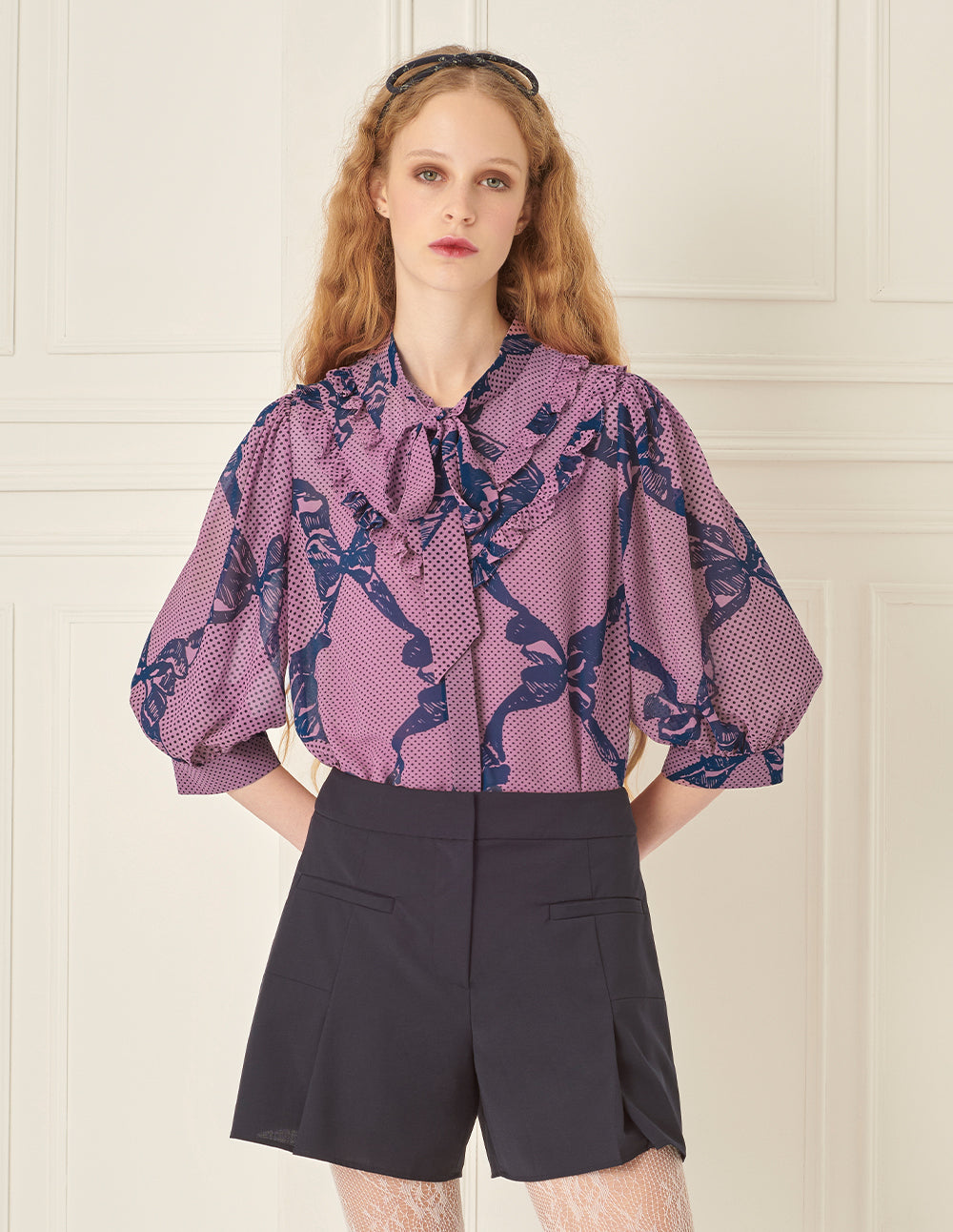 BORA AKSU French Puff Sleeve Ruddles Bow Printed Blouse
