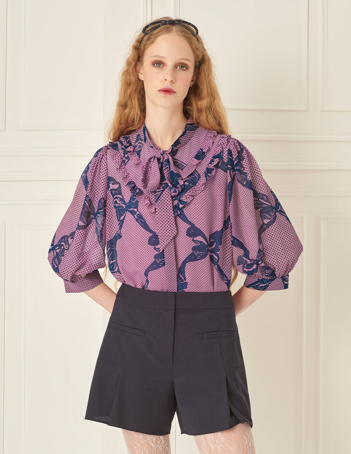 BORA AKSU French Puff Sleeve Ruddles Bow Printed Blouse