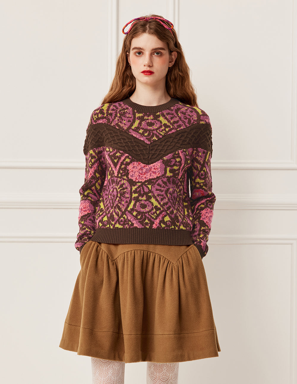 BORA AKSU Vintage High-Waisted Pleated A-Line Wool Midi Skirt