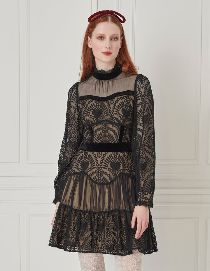 BORA AKSU Retro Lace Stand-Collar Long-Sleeve Mesh Velvet Splicing Knee-Length Dress