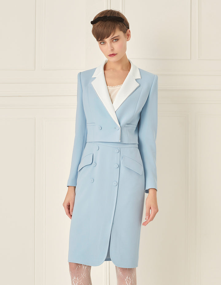 BORA AKSU Quiet Blues Lace Embellishments Notched Lapels Cropped Blazer