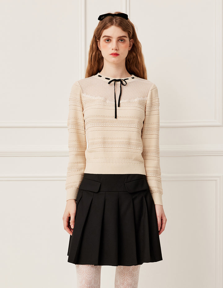 BORA AKSU Round Neck Sheer Lace Patchwork Long Sleeve Knit Pullover