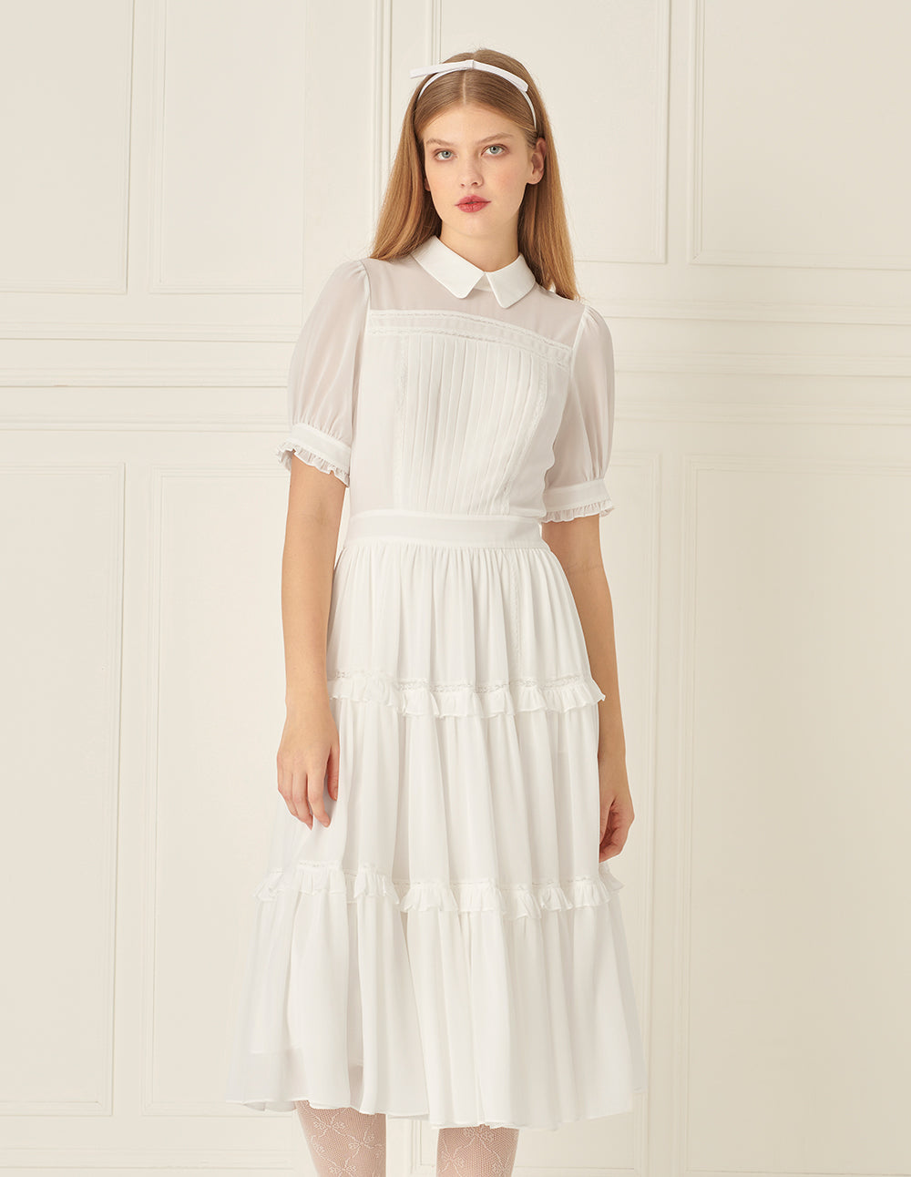BORA AKSU Lace Puff Sleeve Pleated Dress