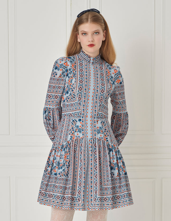 BORA AKSU Ruffle-Collar Puff Long-Sleeve Printed Pleated Midi Dress