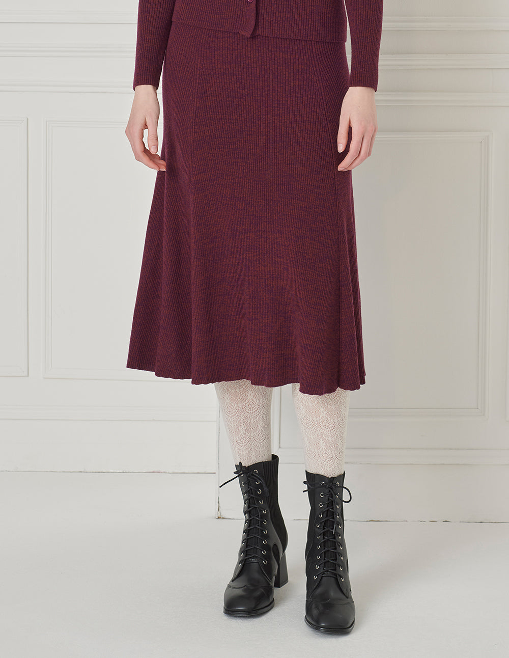 BORA AKSU Two-Tone A-Line Knee-length Knit Wool Skirt