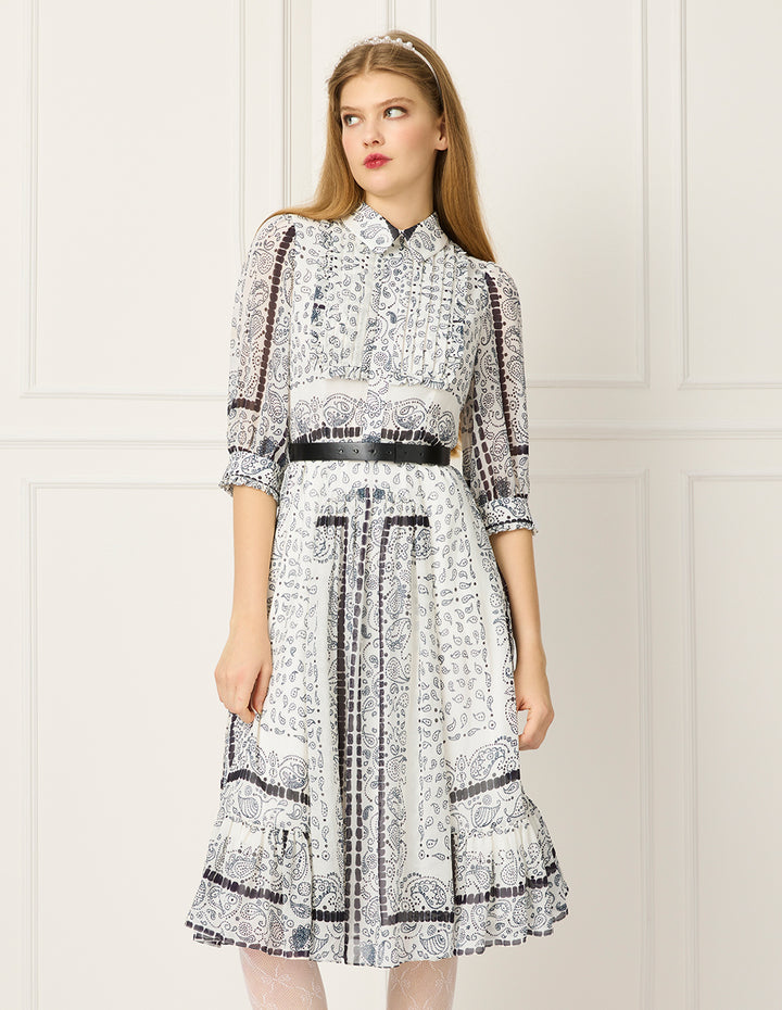 BORA AKSU Collared Puff-Sleeve Paisley Print Midi Trumpet Shirt Dress