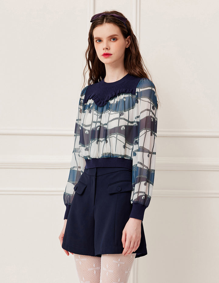 BORA AKSU Knitted Round Neck Patchwork Blue Ocean Print Long Sleeve Cropped Top