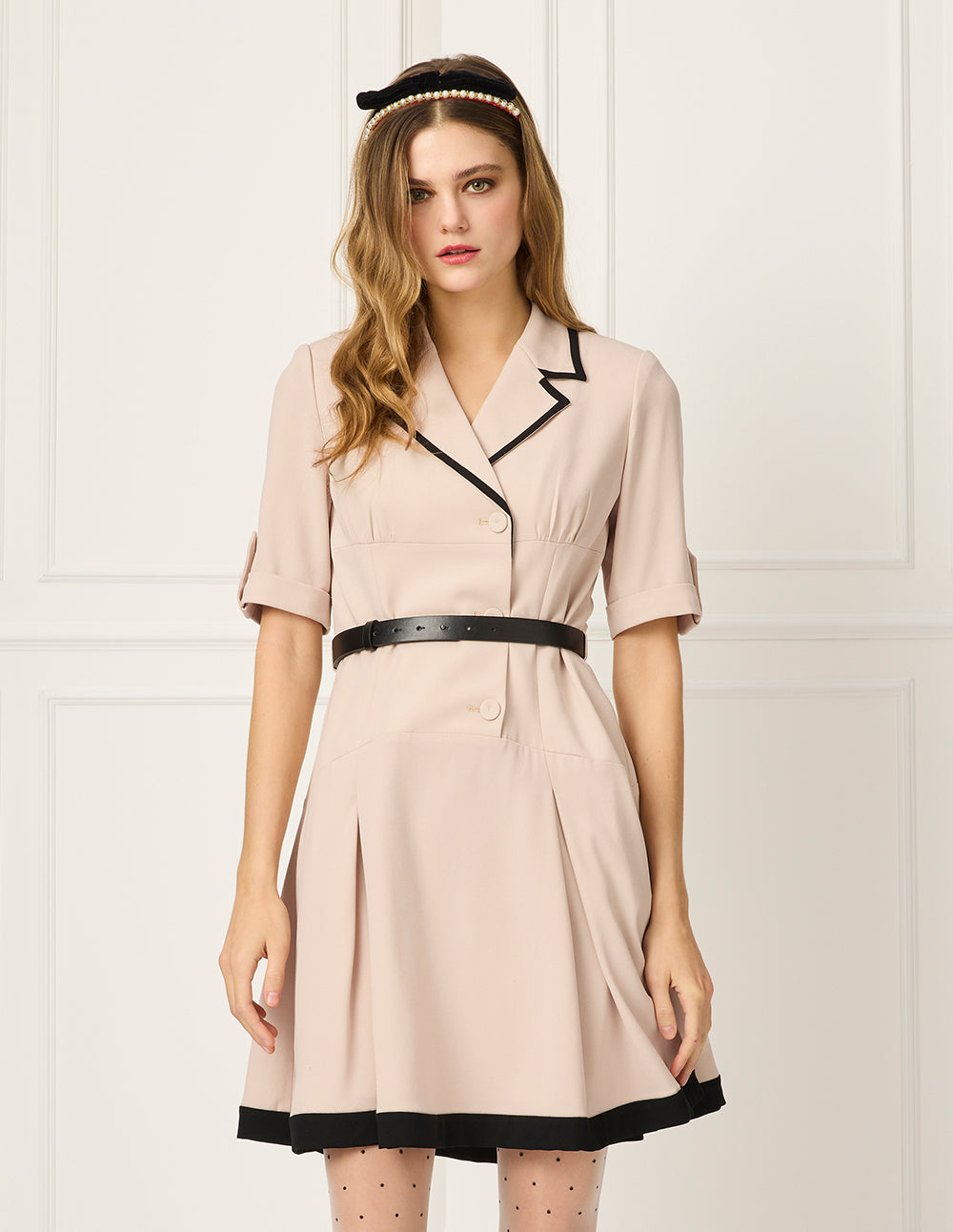 BORA AKSU Notched Lapel Single-Breasted Short-Sleeve Black Stripe-Trim Waist-Tie Midi Wrap Dress