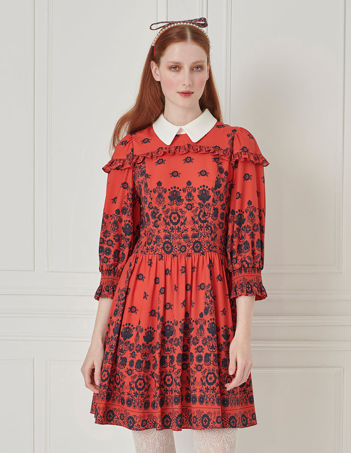BORA AKSU Peter Pan Collar Long Bubble Sleeve Ruffle Floral Print Dress