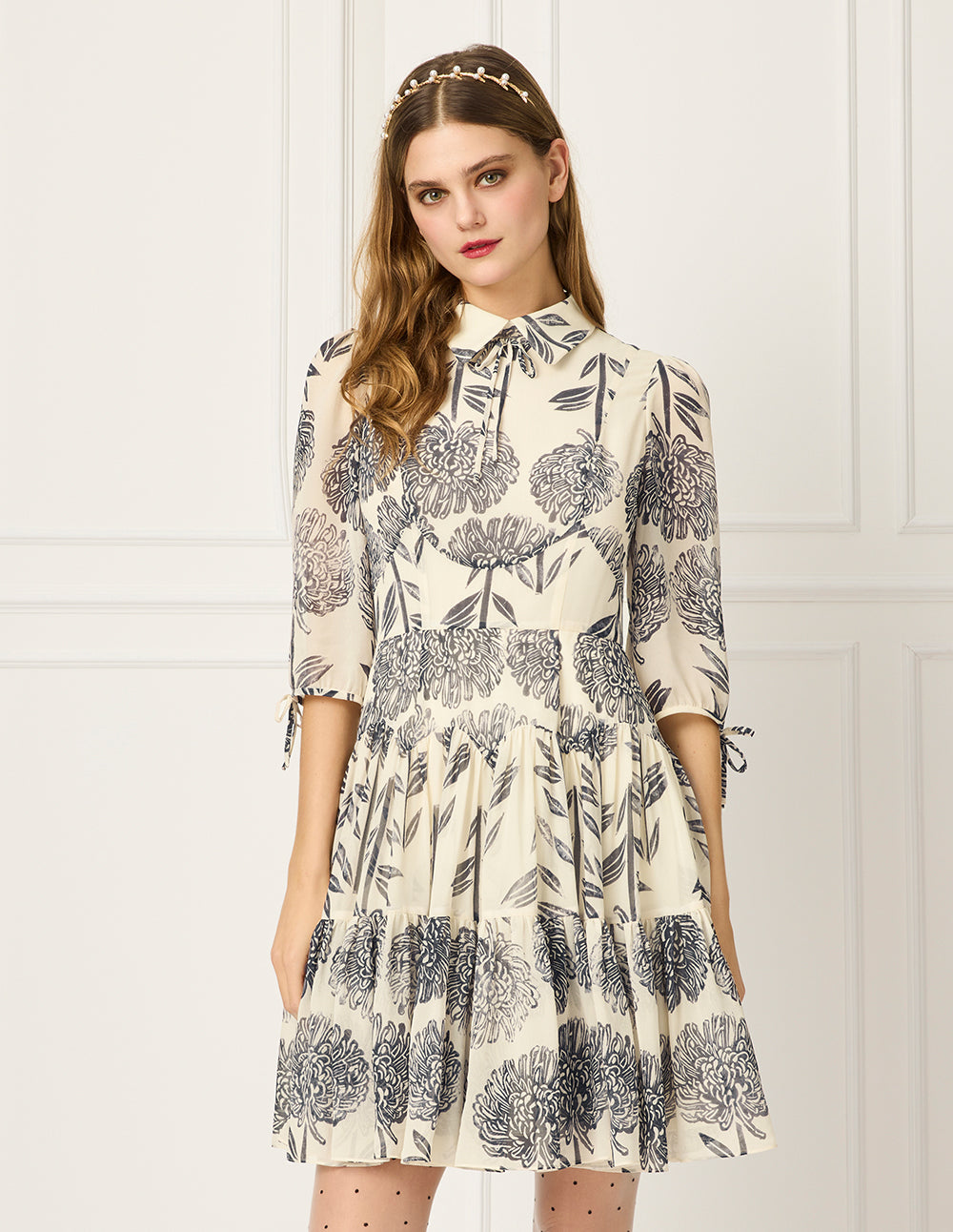 BORA AKSU Collar Sheer Dahlia Print Pleated Flounce Midi Shirt Dress