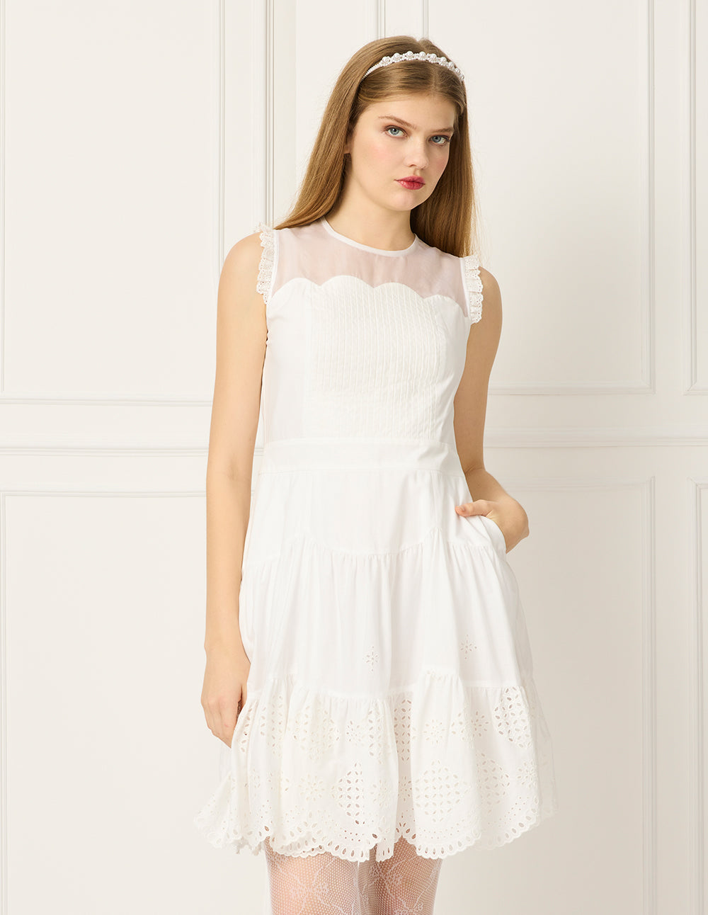 BORA AKSU Round Neck Sleeveless Sheer Pin Tuck Ruffle-Trim A-Line Apron Dress