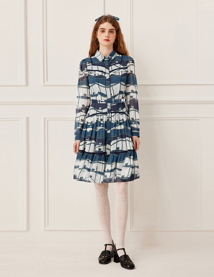 BORA AKSU Long Sleeve Blue Ocean Print Pleated Midi Dress