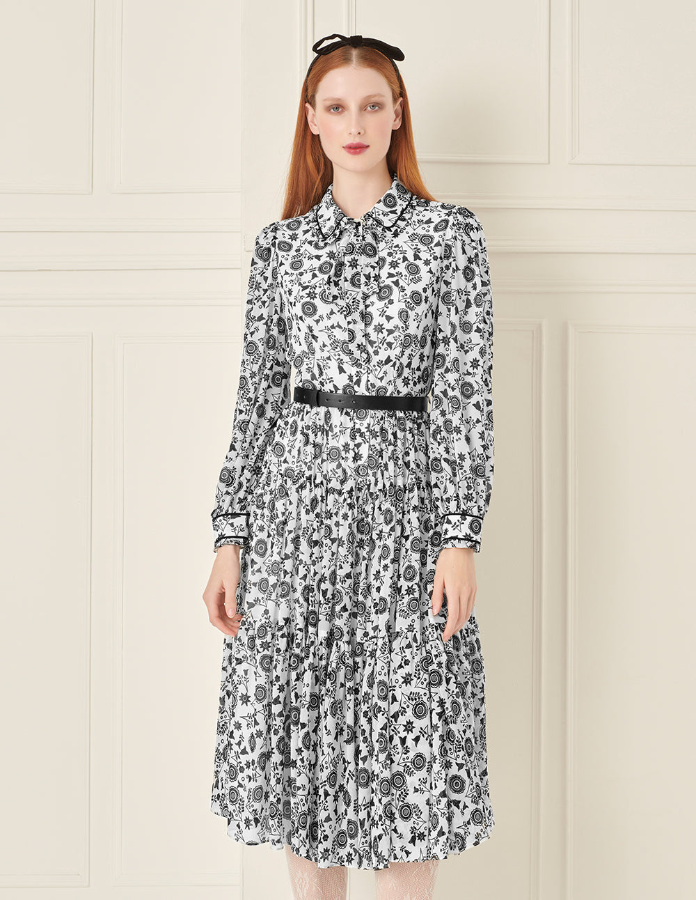 BORA AKSU Retro Lapel Puff Sleeve Printed Belt Dress