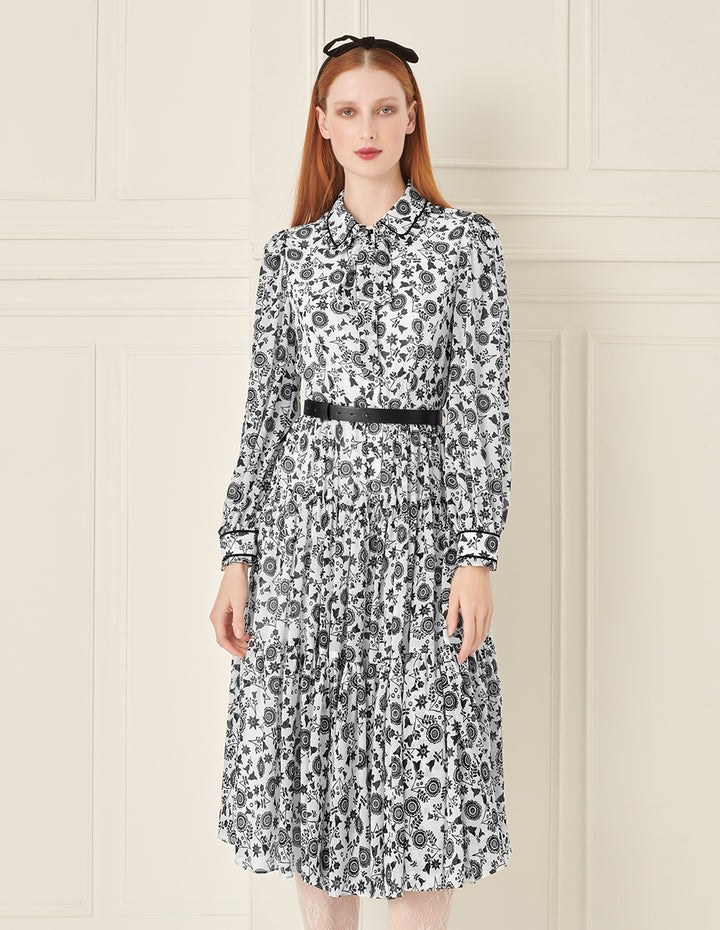 BORA AKSU Retro Lapel Puff Sleeve Printed Belt Dress