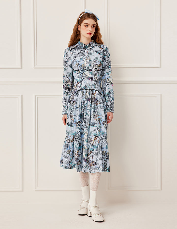 BORA AKSU Collared Hand-Painted Floral Print High-Waist Maxi Shirt Dress