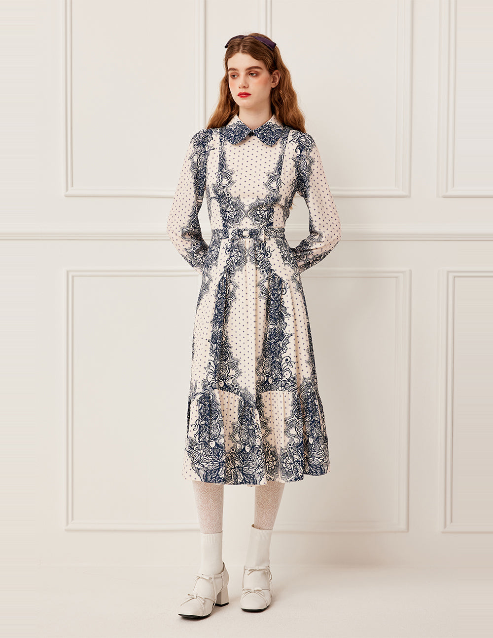 BORA AKSU Lapel Puff Long Sleeve Polka Dot Floral Lace Print Pleated Midi Dress