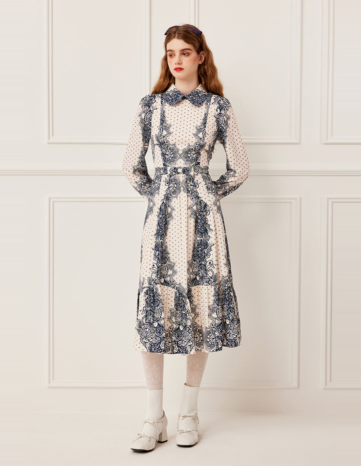BORA AKSU Lapel Puff Long Sleeve Polka Dot Floral Lace Print Pleated Midi Dress