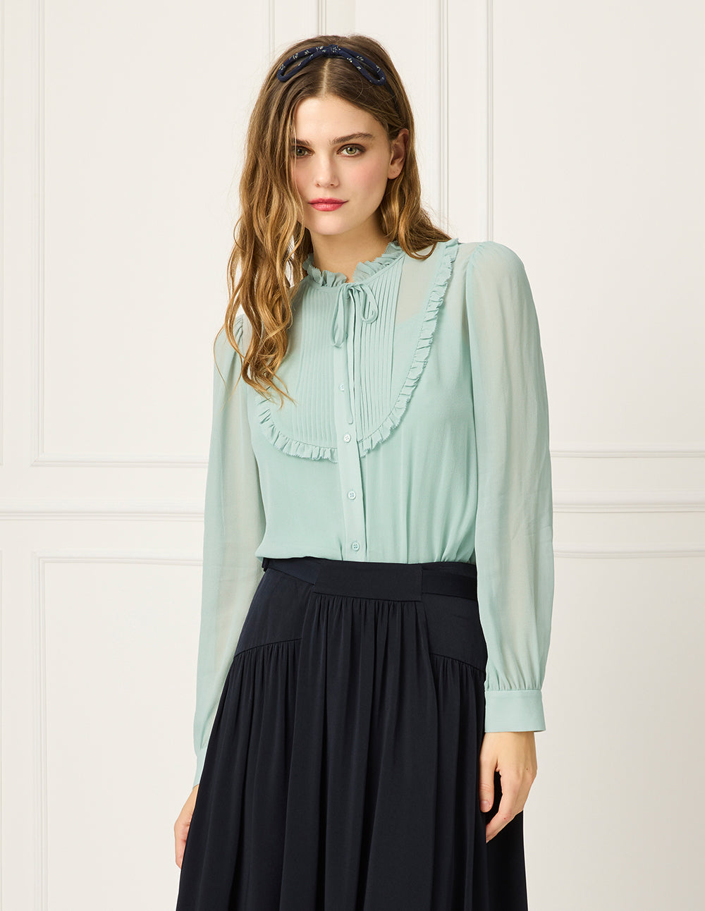 BORA AKSU Round Ruffle Tuxedo Collar Puff Long Sleeve Silk Blend Blouse