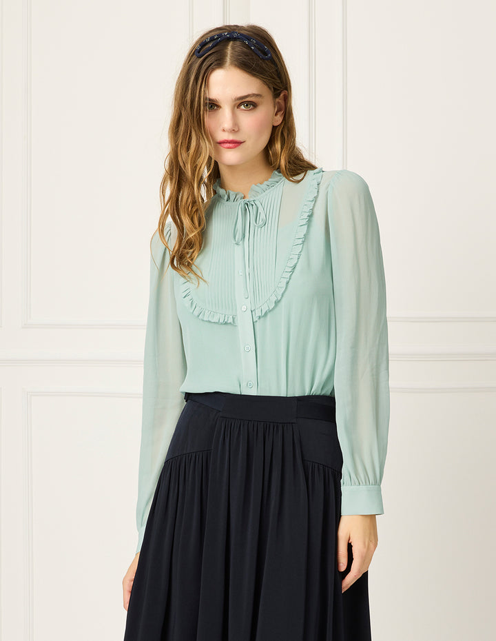 BORA AKSU Round Ruffle Tuxedo Collar Puff Long Sleeve Silk Blend Blouse