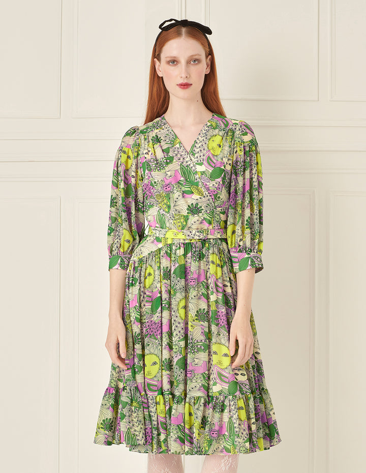 BORA AKSU Puff Sleeve V-Neck Printed Dress