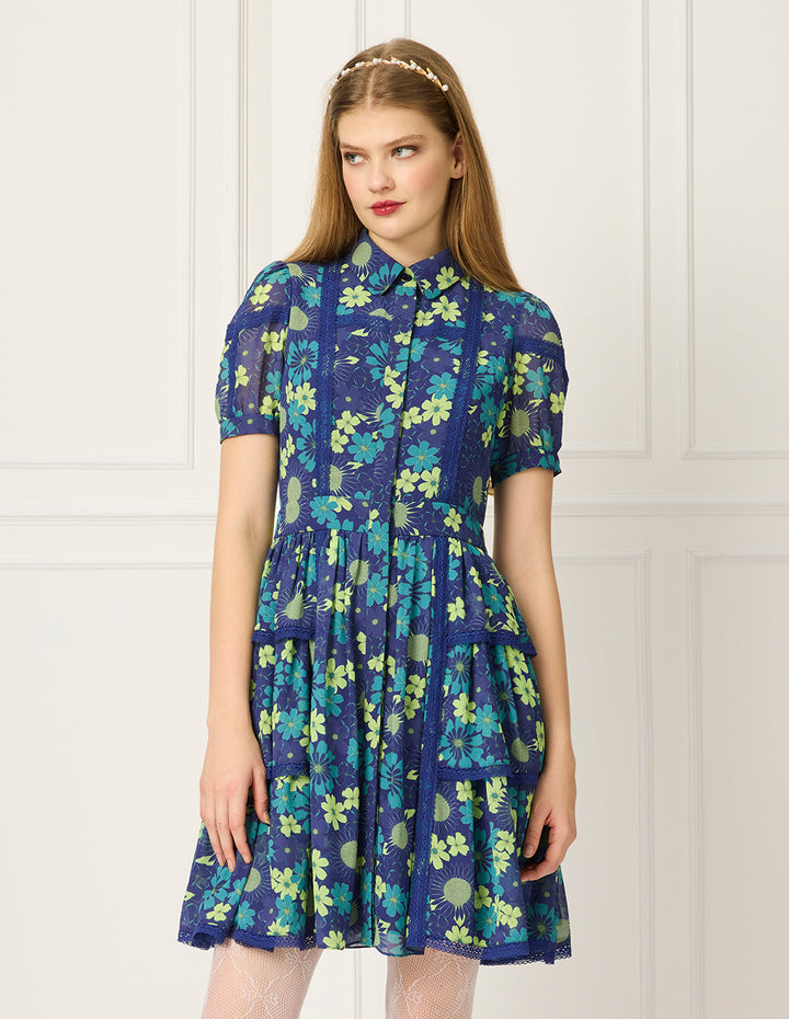 BORA AKSU Lapel Puff Short-Sleeve Floral Print Lace-Trim Pleated Midi Dress