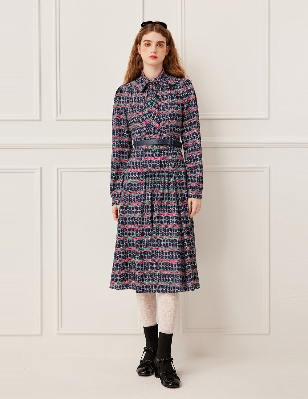 BORA AKSU Stand Collar Long Sleeve Geometric Print Midi Dress