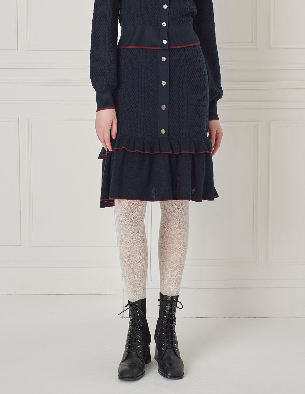 BORA AKSU Contrasting Ruffled A-Line Pleated Knitted Knee-Length Skirt