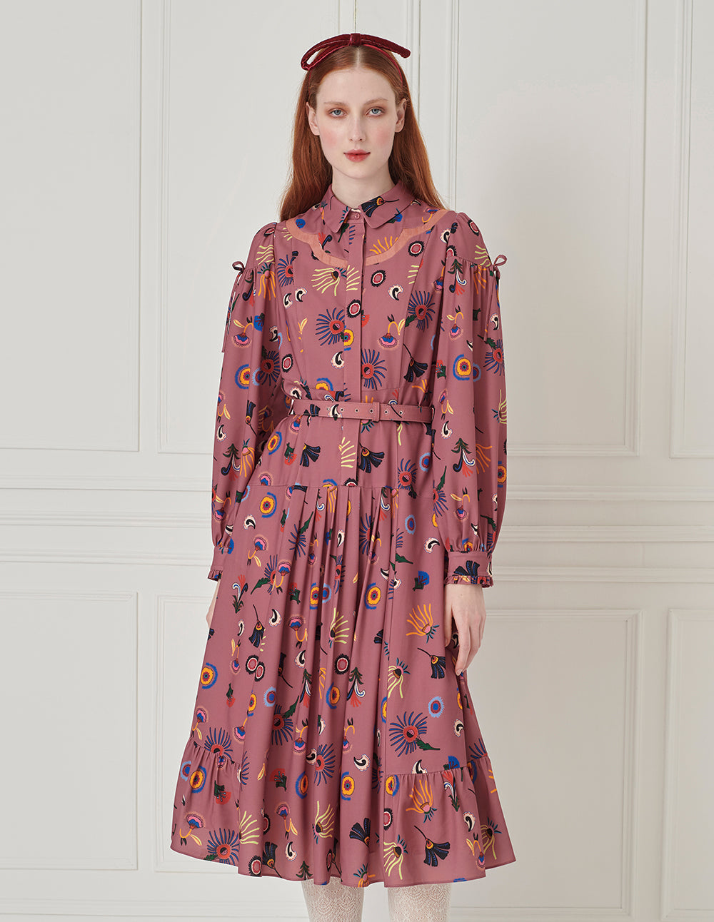 BORA AKSU Bow-Embellished Floral Ruffle Hem Pleated Shirt Dress