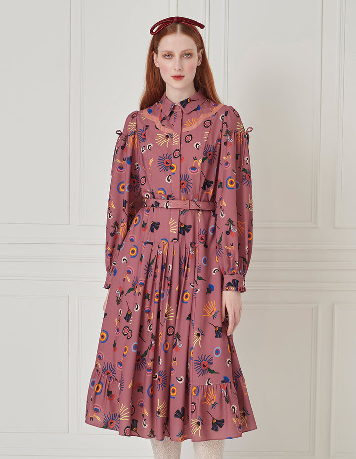 BORA AKSU Bow-Embellished Floral Ruffle Hem Pleated Shirt Dress