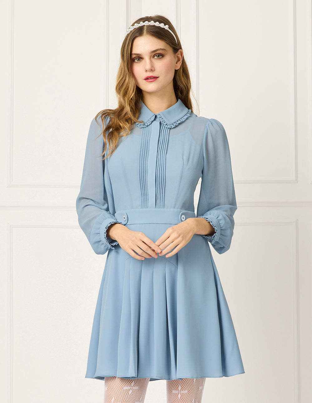 BORA AKSU Peter Pan Tuxedo Collar Puff Long Sleeve Ruffle Pleated Midi Dress
