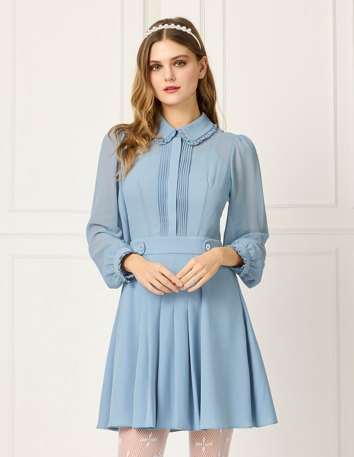 BORA AKSU Peter Pan Tuxedo Collar Puff Long Sleeve Ruffle Pleated Midi Dress