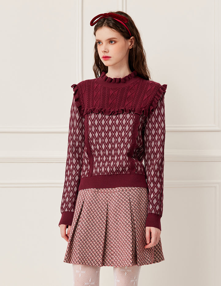 BORA AKSU Ruffled Turtleneck Cape Patchwork Double-Layer Diamond Pattern Knit Pullover