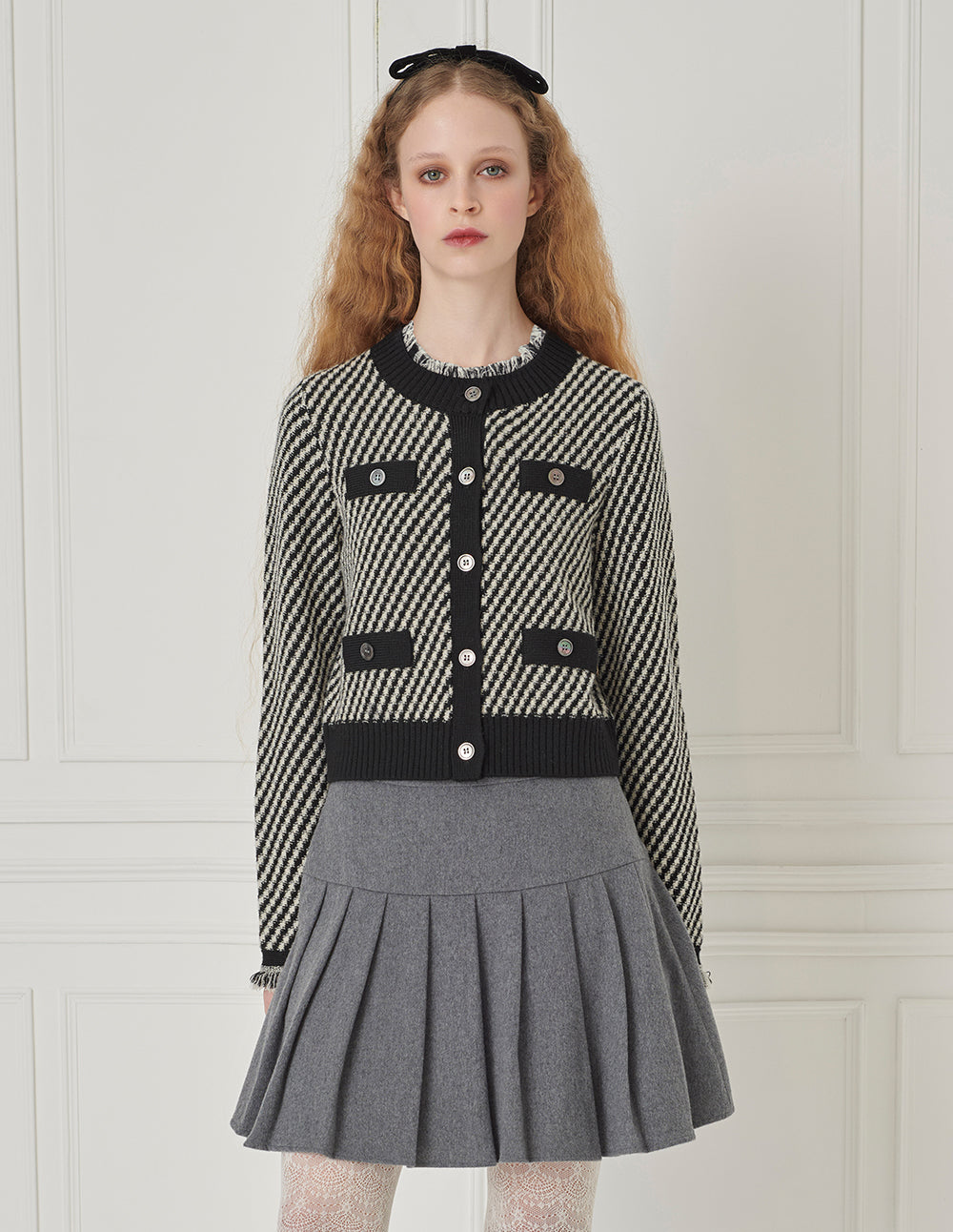 BORA AKSU Crew-Collar Long-Sleeve Striped Cropped Knitted Cardigan