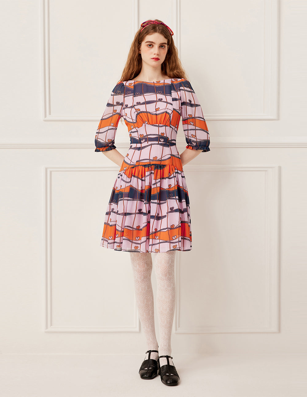 BORA AKSU Crew Neck Ruffle Print Pleated Midi Dress