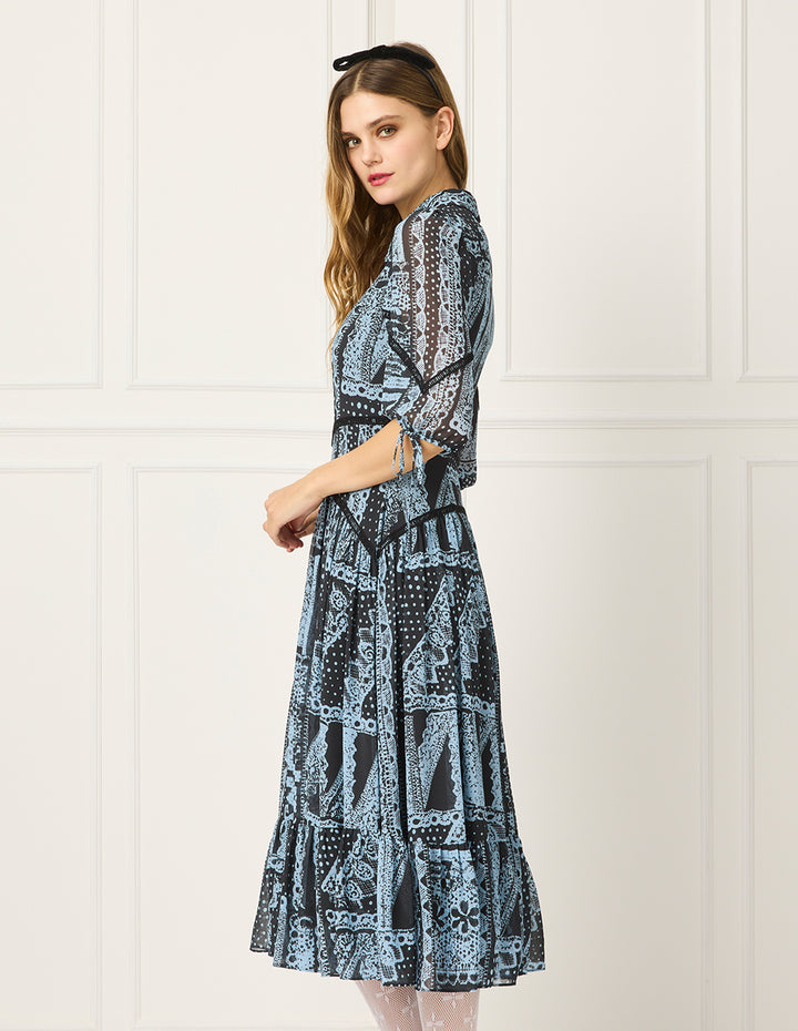 BORA AKSU Puff-Sleeve Silk Floral Print Pleated Midi Dress