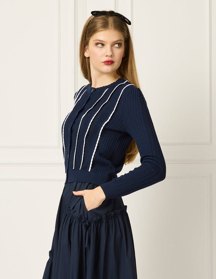BORA AKSU Round-Neck Long-Sleeve Striped-Trim Knit Cardigan