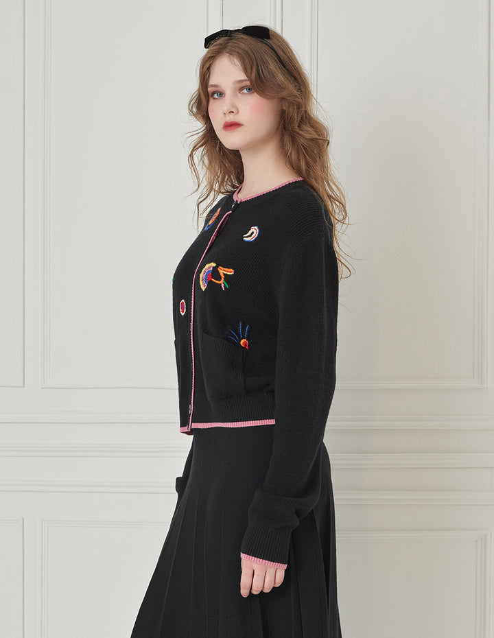 BORA AKSU Crew-Neck Long-Sleeve Hand-Embroidered Knitted Cardigan